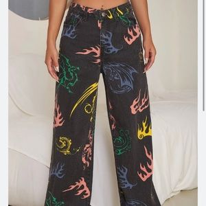 Funky XS Wide Leg Stone Wash Jeans with Pattern